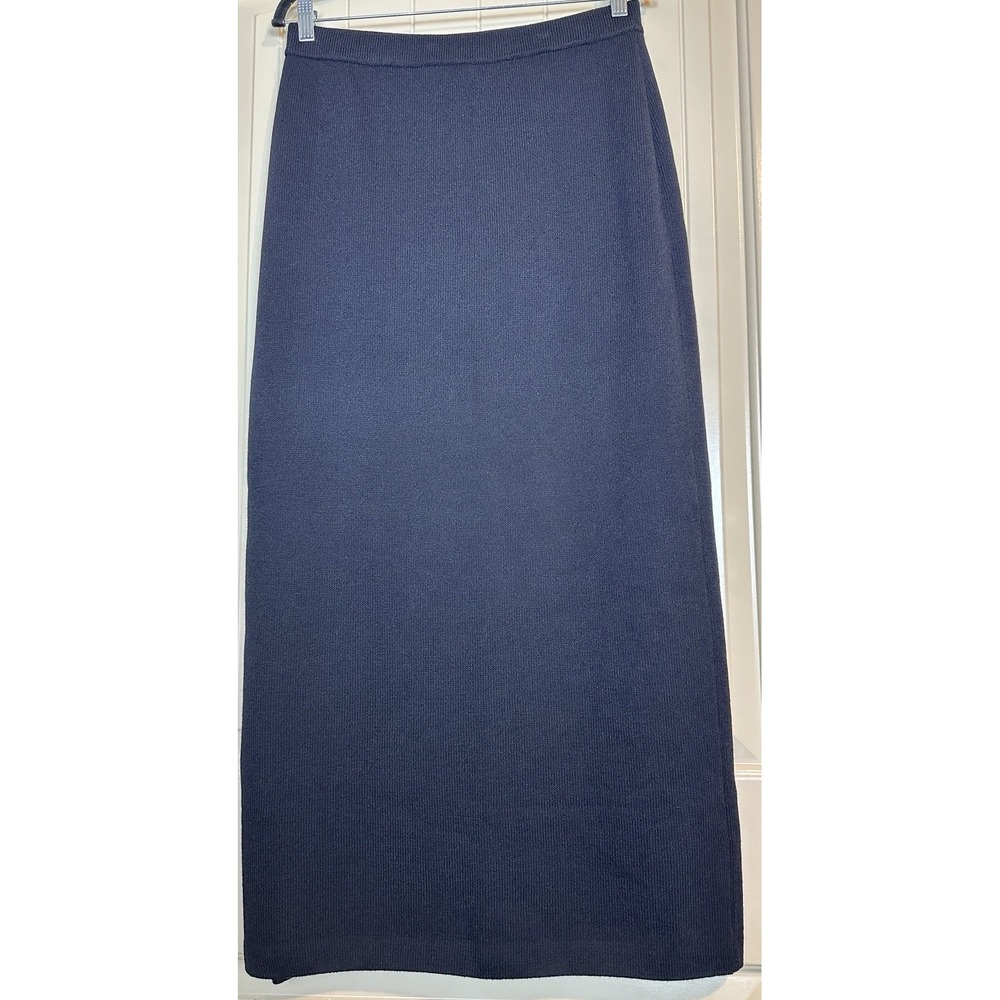 St John Basics Sz 12 Santana Knit Maxi Pull On Wool Blend Skirt Black Side Slit